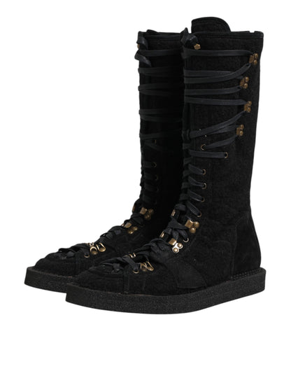Dolce & Gabbana Black Alpaca Wool Suede Mid Calf Boots