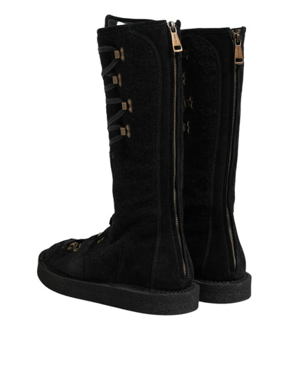 Dolce & Gabbana Black Alpaca Wool Suede Mid Calf Boots