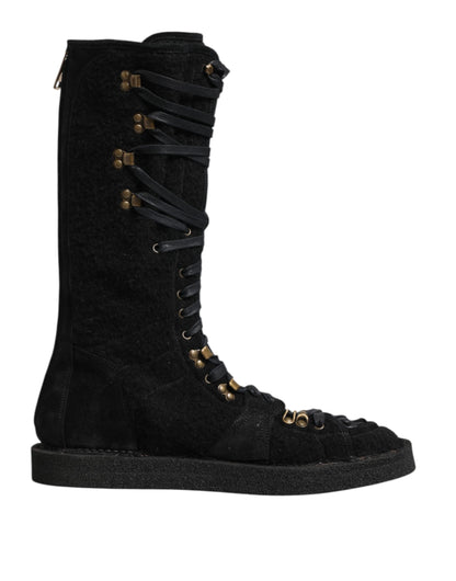 Dolce & Gabbana Black Alpaca Wool Suede Mid Calf Boots