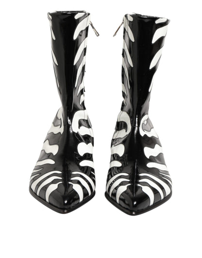 Dolce & Gabbana Black White Zebra Leather Mid Calf Boots