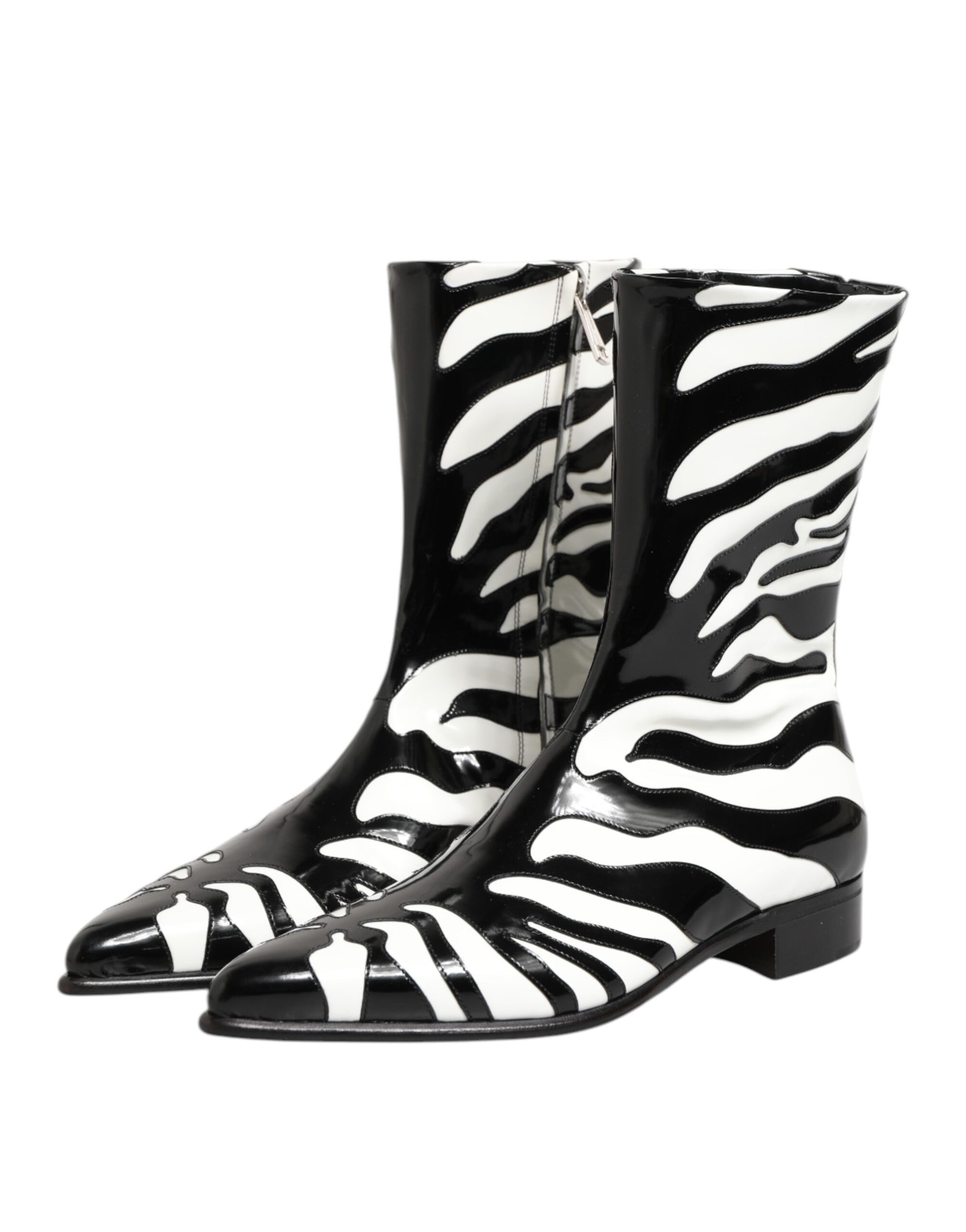 Dolce & Gabbana Black White Zebra Leather Mid Calf Boots