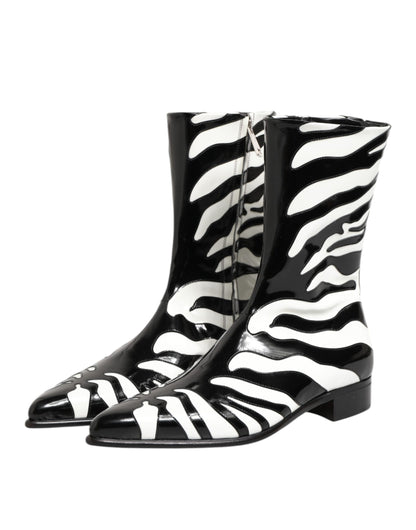 Dolce & Gabbana Black White Zebra Leather Mid Calf Boots