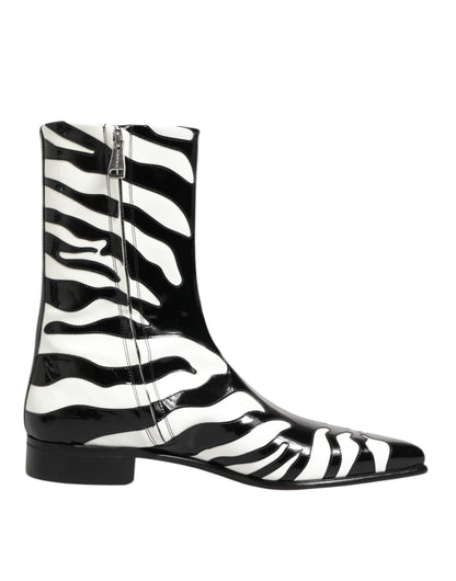 Dolce & Gabbana Black White Zebra Leather Mid Calf Boots