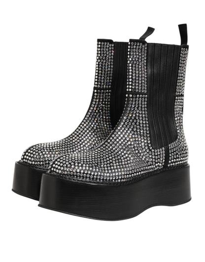 Dolce & Gabbana Black Crystal Strass Mid Calf Short Boots