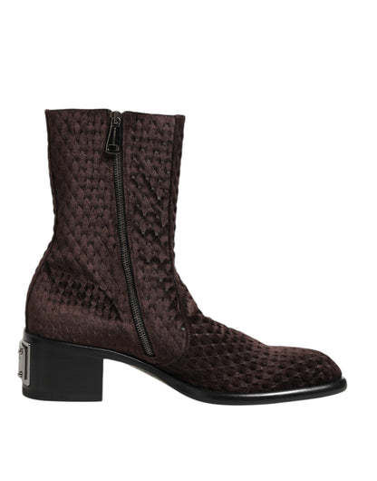 Dolce & Gabbana Brown Cotton Velvet Mid Calf Boots