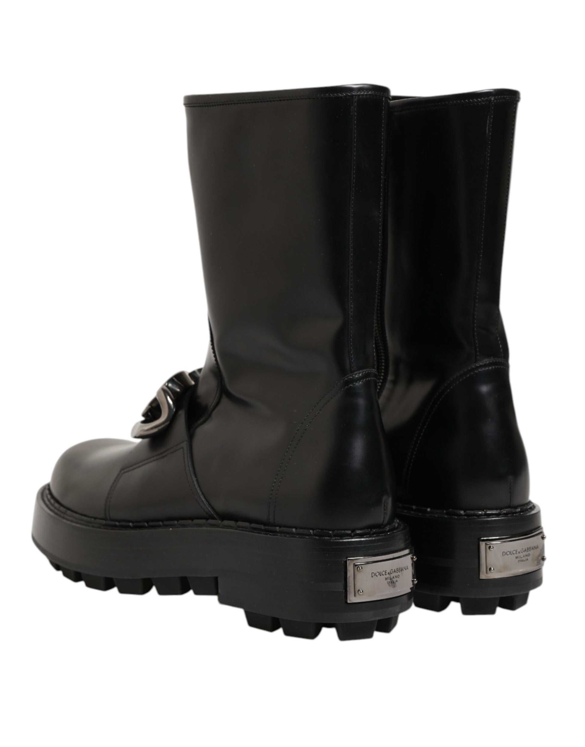 Dolce & Gabbana Black Logo Plaque Mid Calf Biker Boots