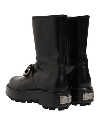 Dolce & Gabbana Black Logo Plaque Mid Calf Biker Boots