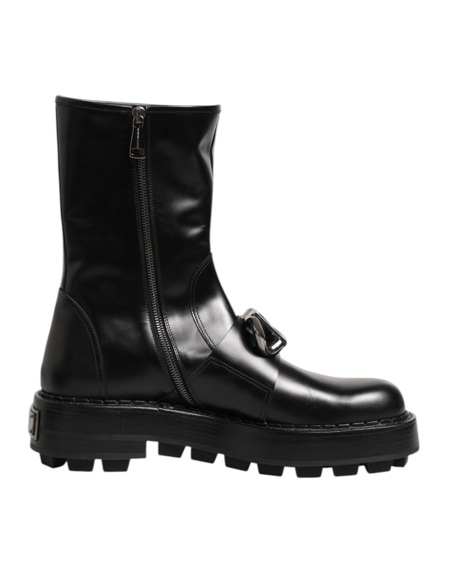 Dolce & Gabbana Black Logo Plaque Mid Calf Biker Boots