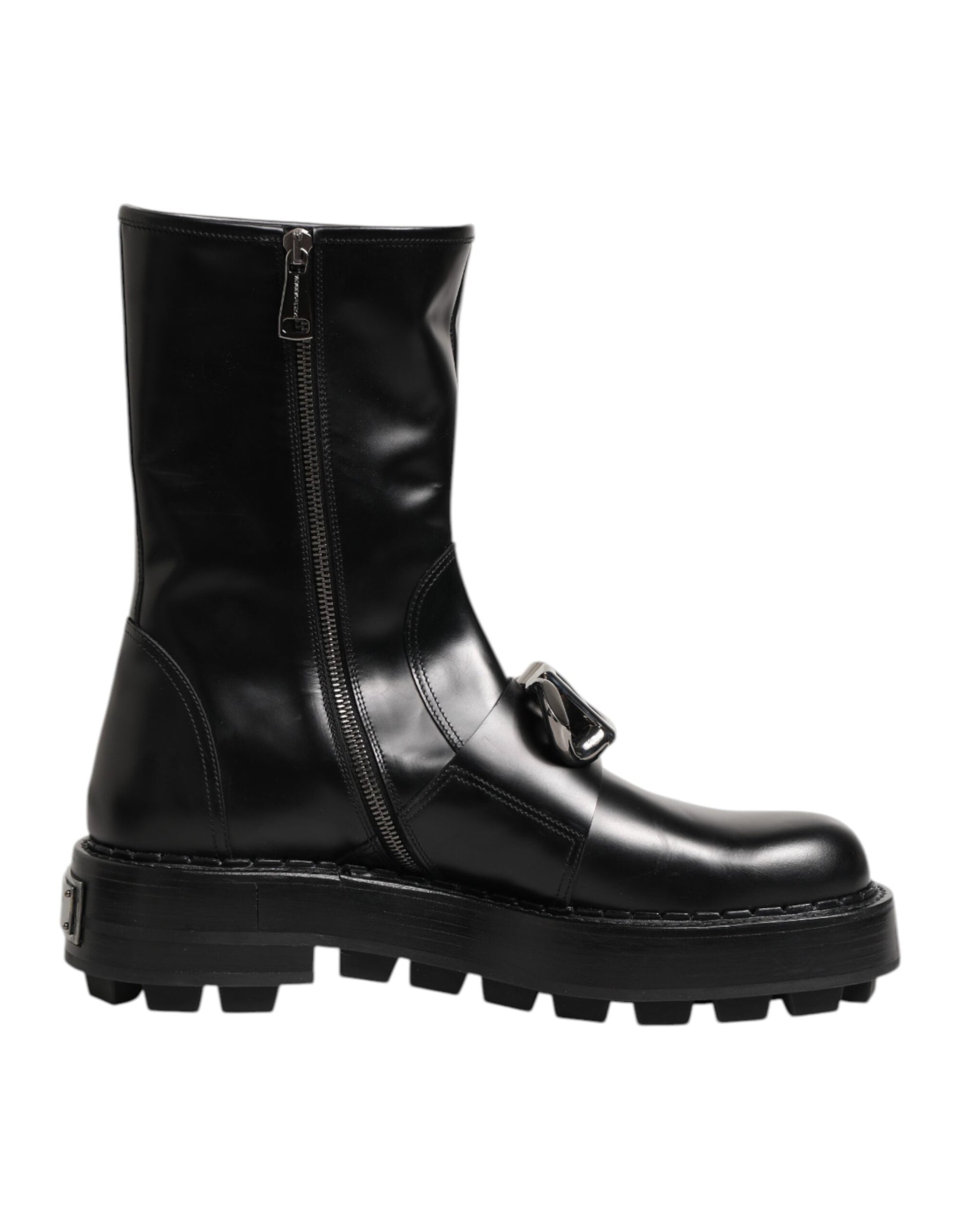 Dolce & Gabbana Black Logo Plaque Mid Calf Biker Boots