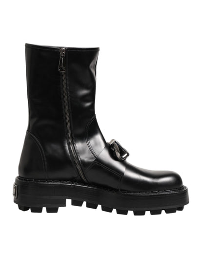 Dolce & Gabbana Black Logo Plaque Mid Calf Biker Boots