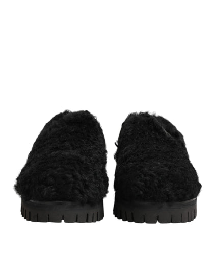 Dolce & Gabbana Black Fur Leather Dress Slippers for Men