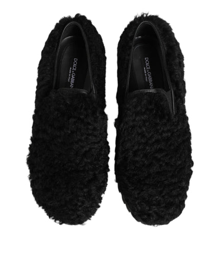 Dolce & Gabbana Black Fur Leather Dress Slippers for Men