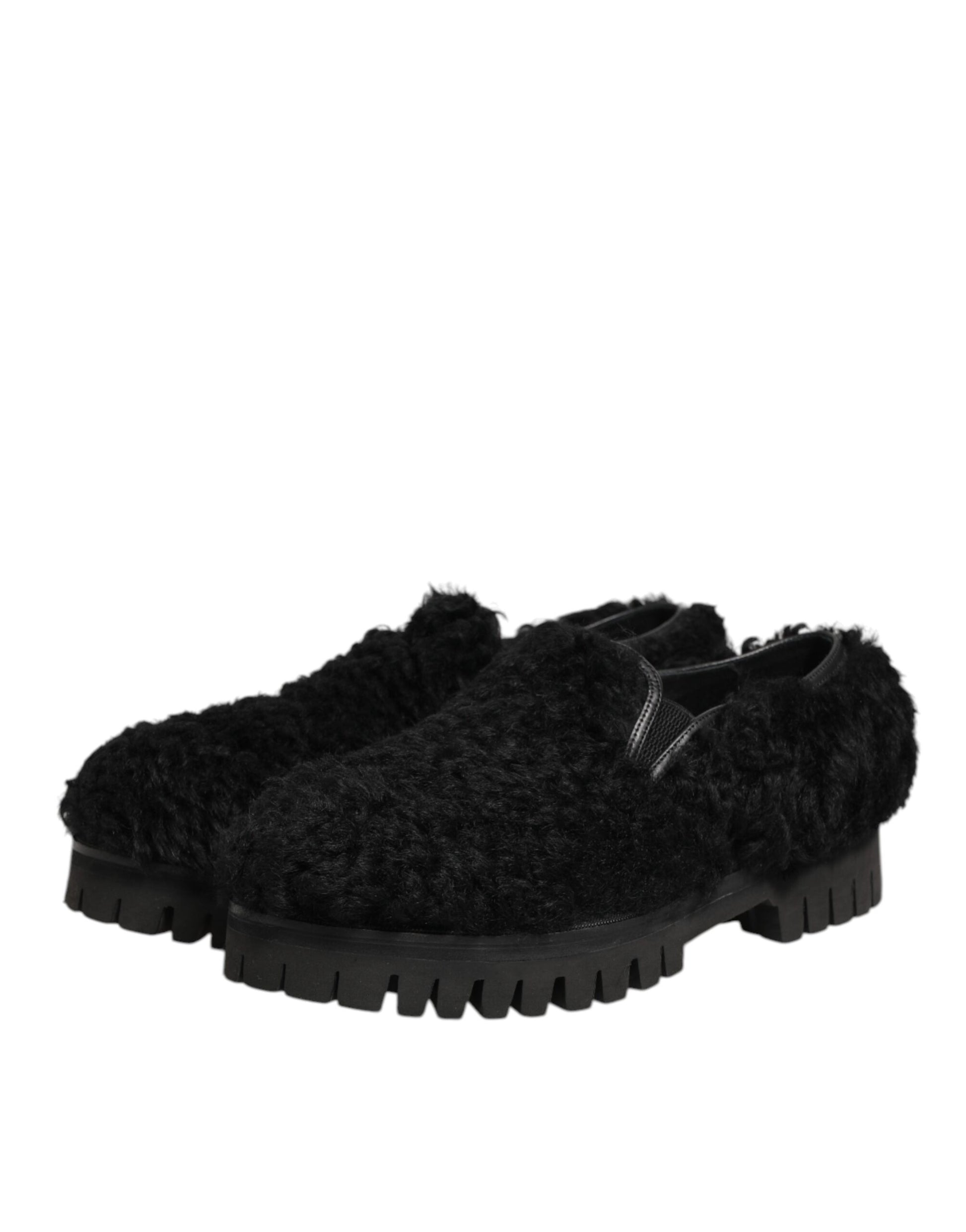 Dolce & Gabbana Black Fur Leather Dress Slippers for Men