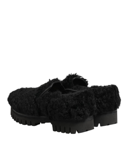 Dolce & Gabbana Black Fur Leather Dress Slippers for Men