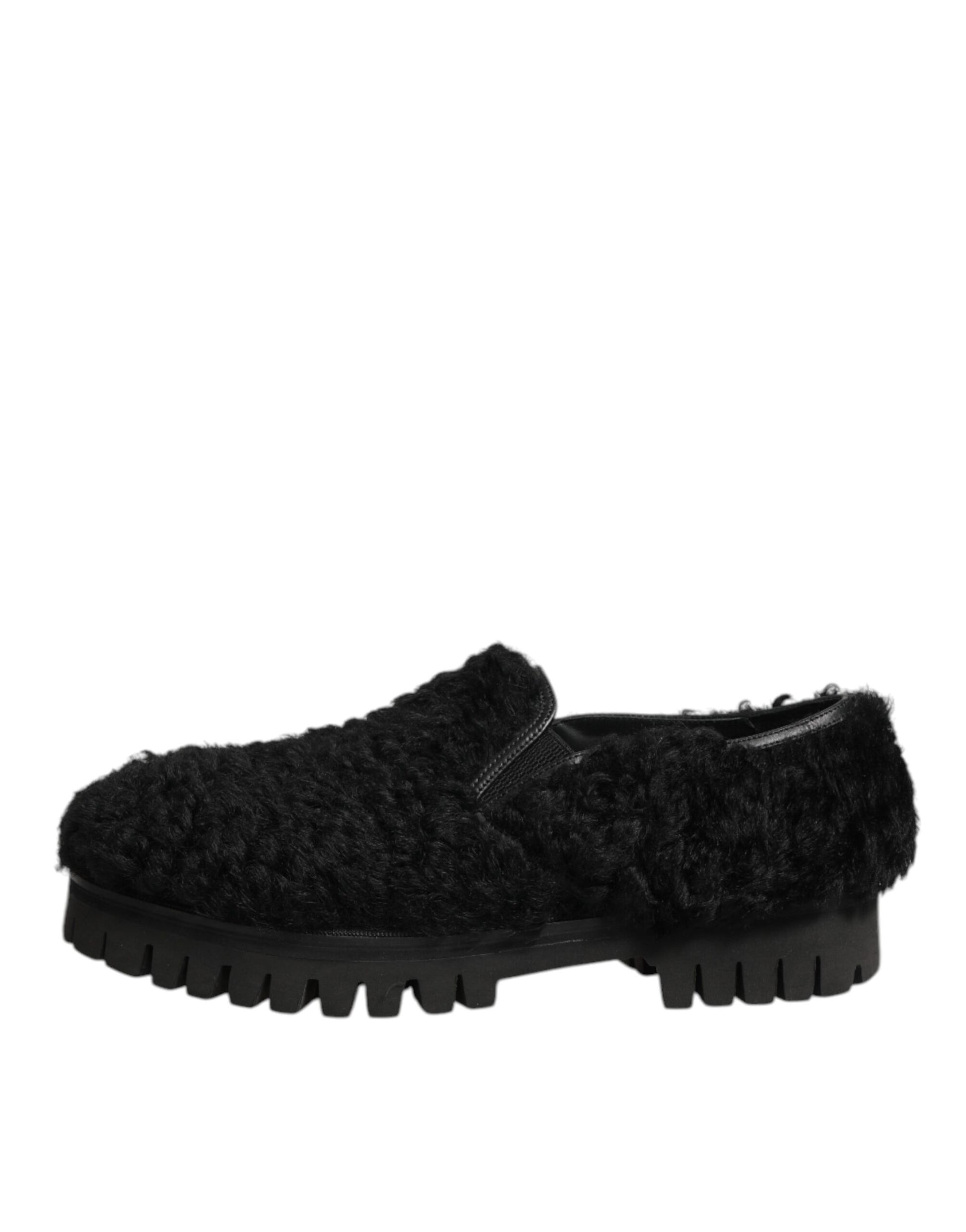 Dolce & Gabbana Black Fur Leather Dress Slippers for Men