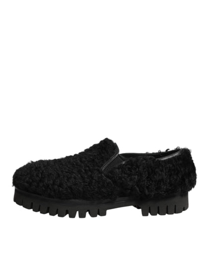 Dolce & Gabbana Black Fur Leather Dress Slippers for Men