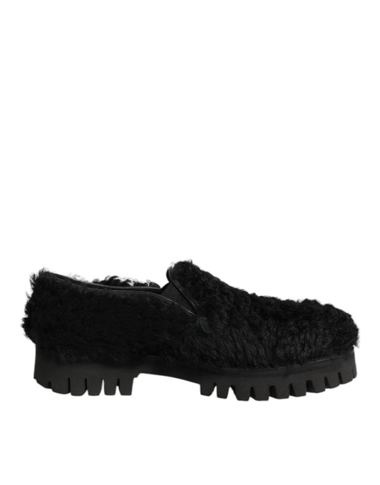 Dolce & Gabbana Black Fur Leather Dress Slippers for Men