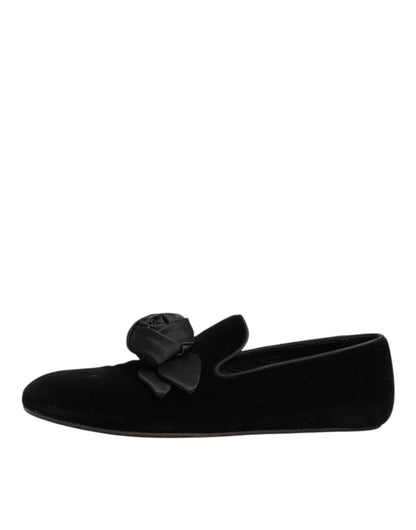 Dolce & Gabbana Black Suede Cotton Rose Slip On Loafers