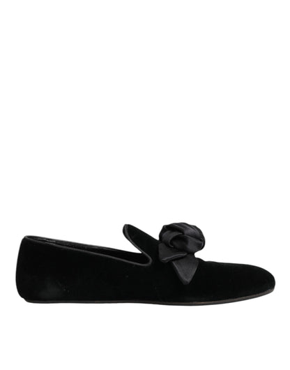 Dolce & Gabbana Black Suede Cotton Rose Slip On Loafers