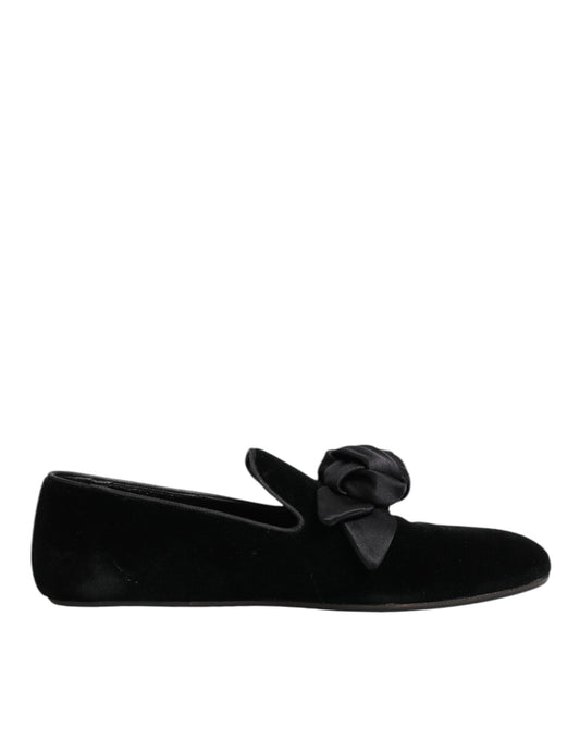 Dolce & Gabbana Black Suede Cotton Rose Slip On Loafers