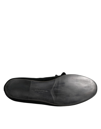 Dolce & Gabbana Black Suede Cotton Rose Slip On Loafers