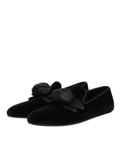 Dolce & Gabbana Black Suede Cotton Rose Slip On Loafers