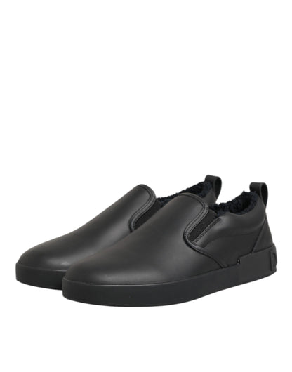 Dolce & Gabbana Black Leather Low Top Slip On Sneakers