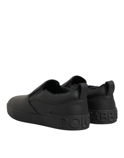 Dolce & Gabbana Black Leather Low Top Slip On Sneakers