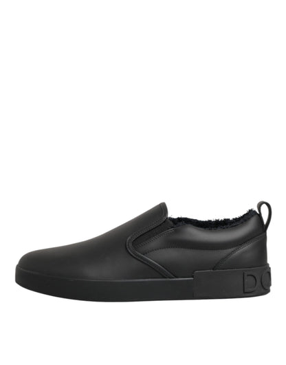 Dolce & Gabbana Black Leather Low Top Slip On Sneakers