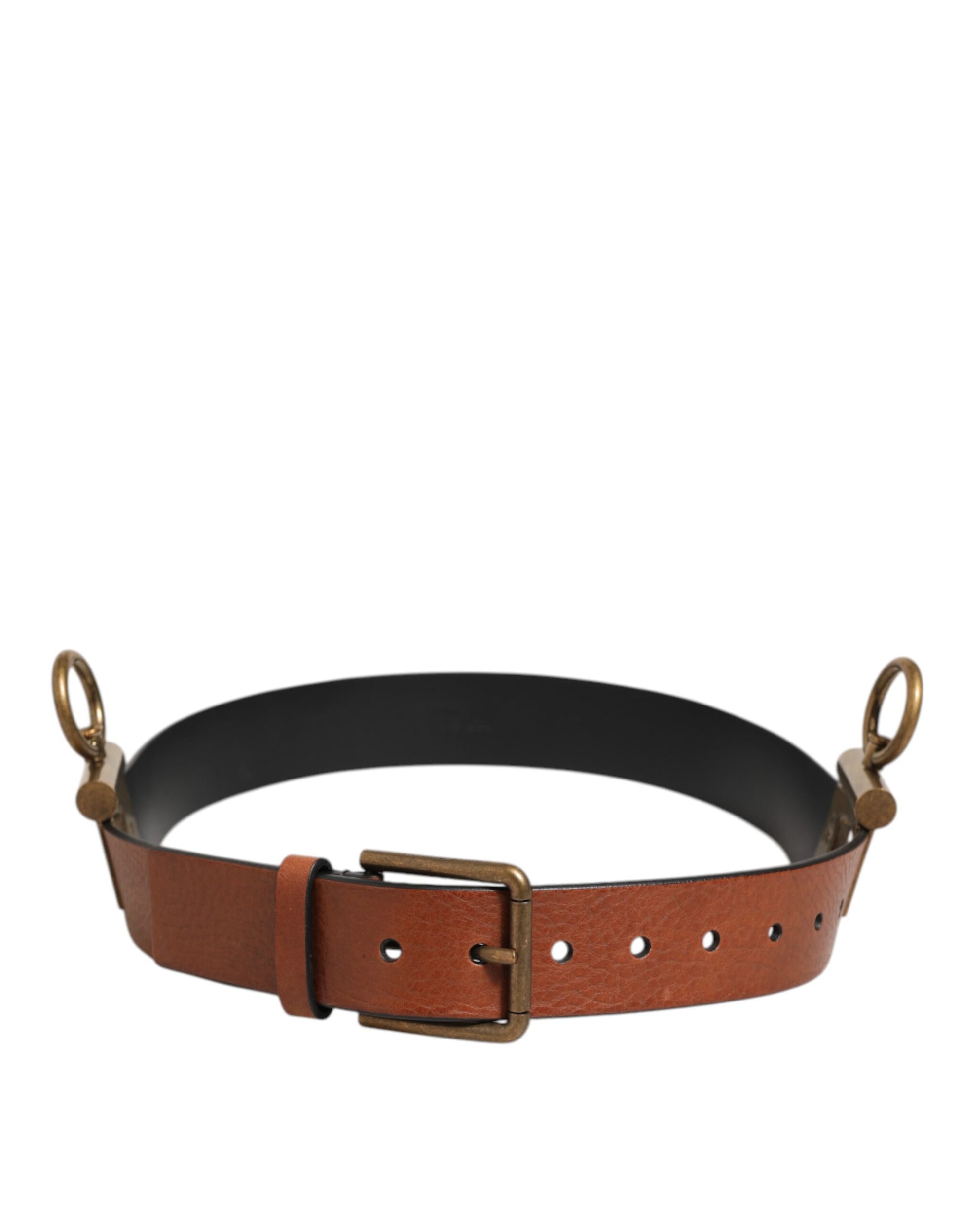 Dolce & Gabbana Brown Leather Side Rings Brass Buckle Belt