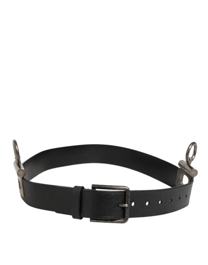 Dolce & Gabbana Black Leather Side Rings Brass Buckle Belt