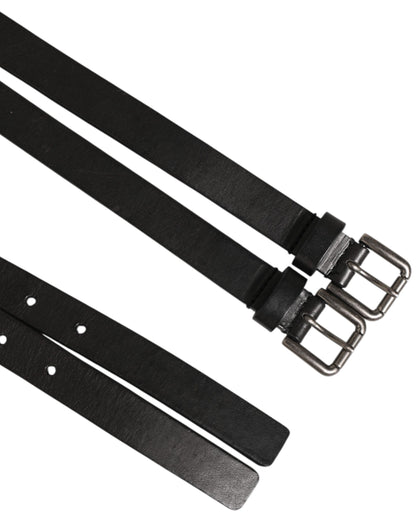 Dolce & Gabbana Black Double Strap Leather Silver Buckle Belt