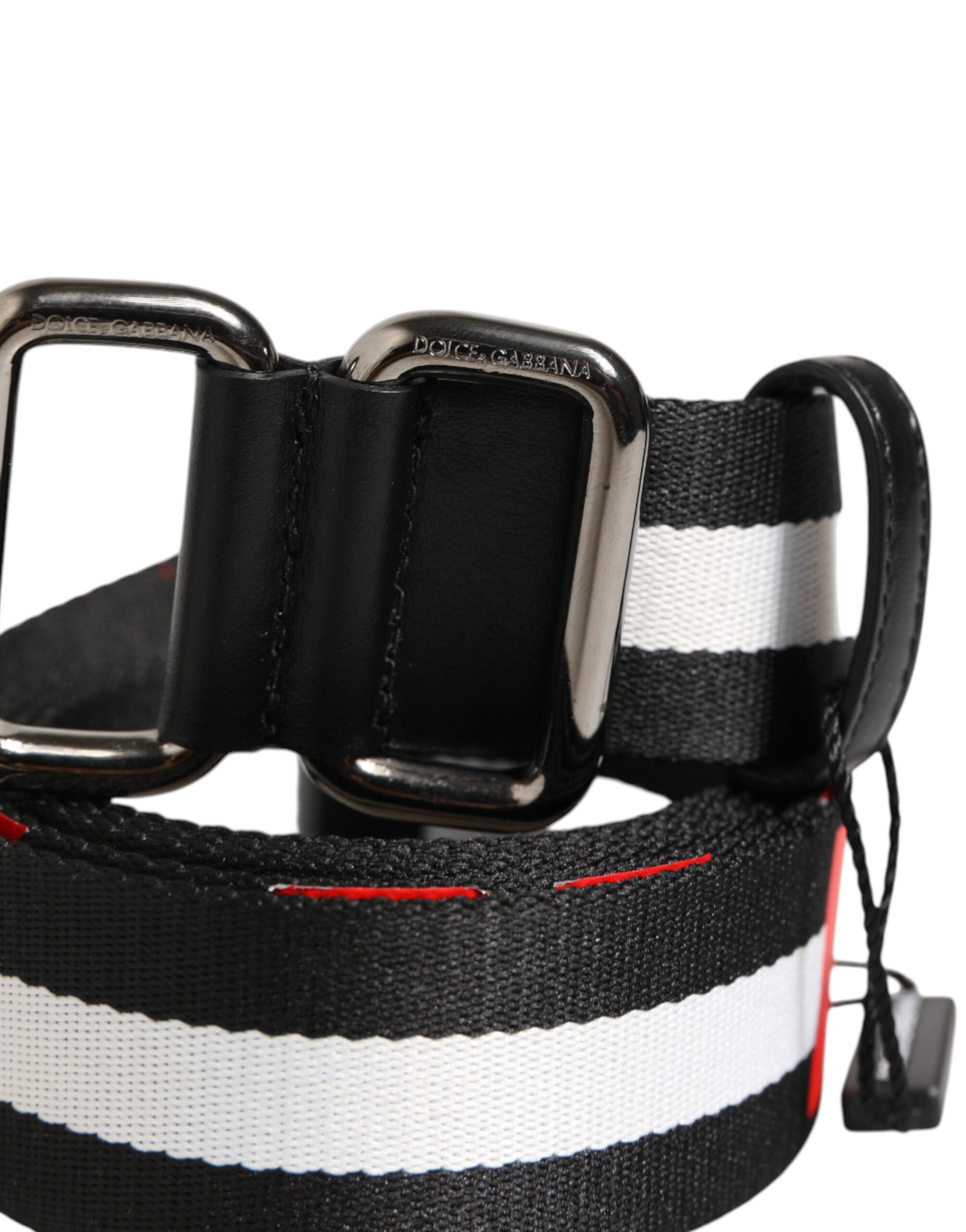 Dolce & Gabbana Black White Striped Logo Metal Buckle Belt
