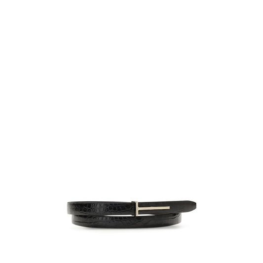 Tom Ford Belt with T Buckle - Black Crocodile Effect Leather
