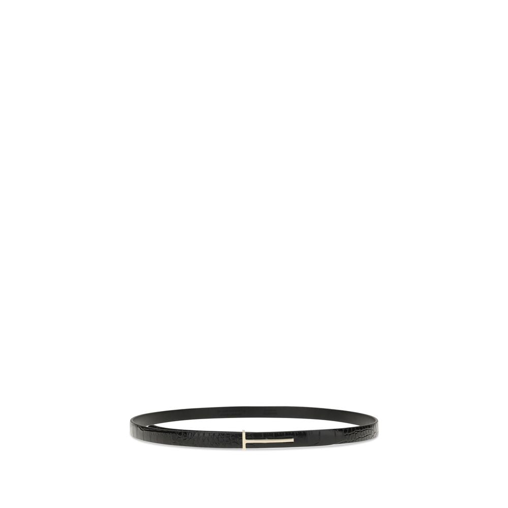 Tom Ford Belt with T Buckle - Black Crocodile Effect Leather