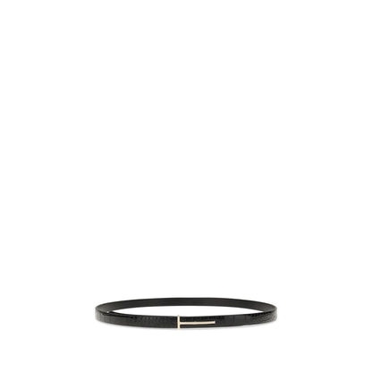 Tom Ford Belt with T Buckle - Black Crocodile Effect Leather