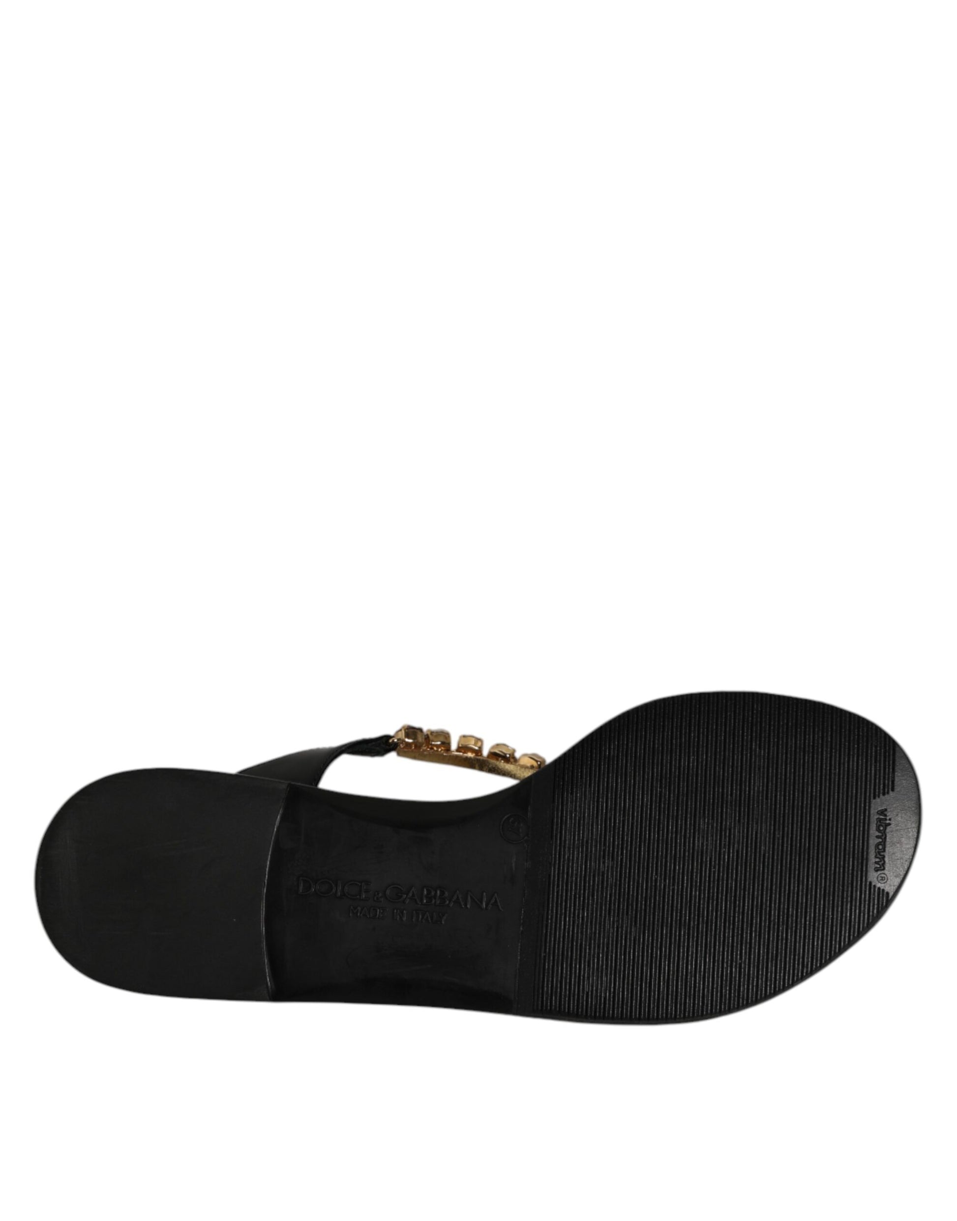 Dolce & Gabbana Black Crystals Flats Sandals Beachwear Shoes