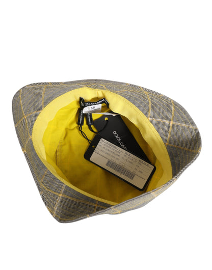 Dolce & Gabbana Gray Yellow Wool Blend Plaid Bucket Hat for Men