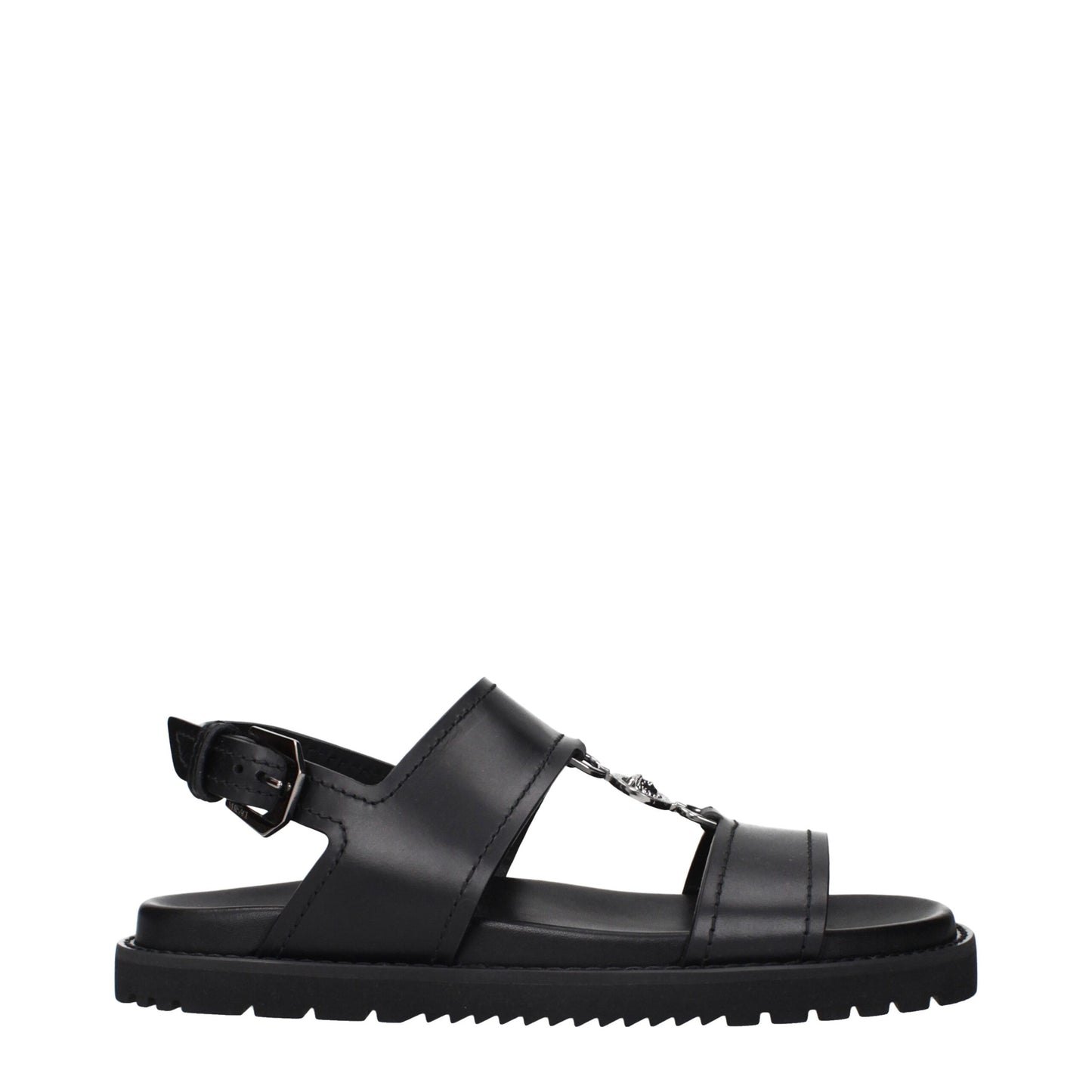 Versace Black Leather Flat Sandals - Bold Elegance for Every Occasion