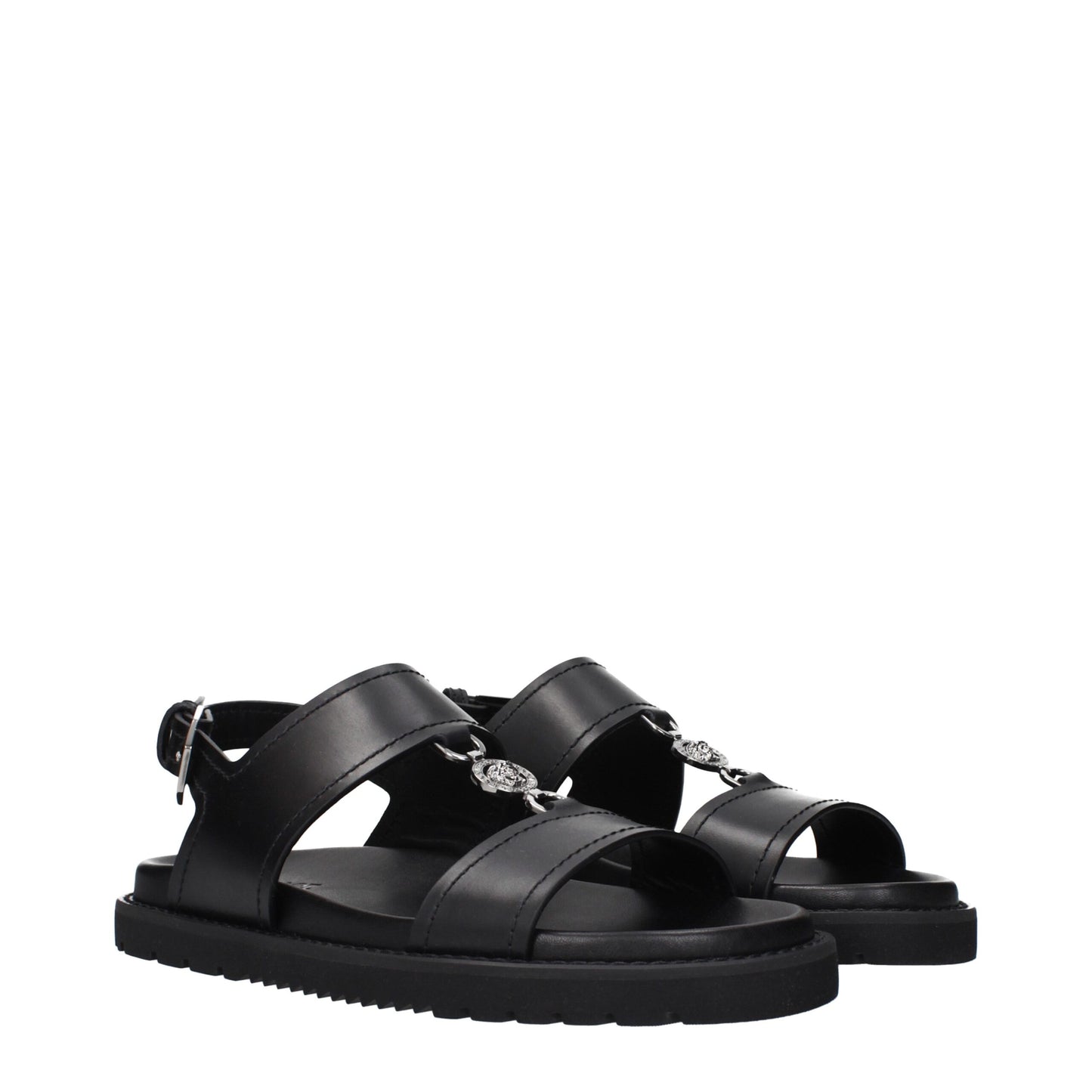 Versace Black Leather Flat Sandals - Bold Elegance for Every Occasion