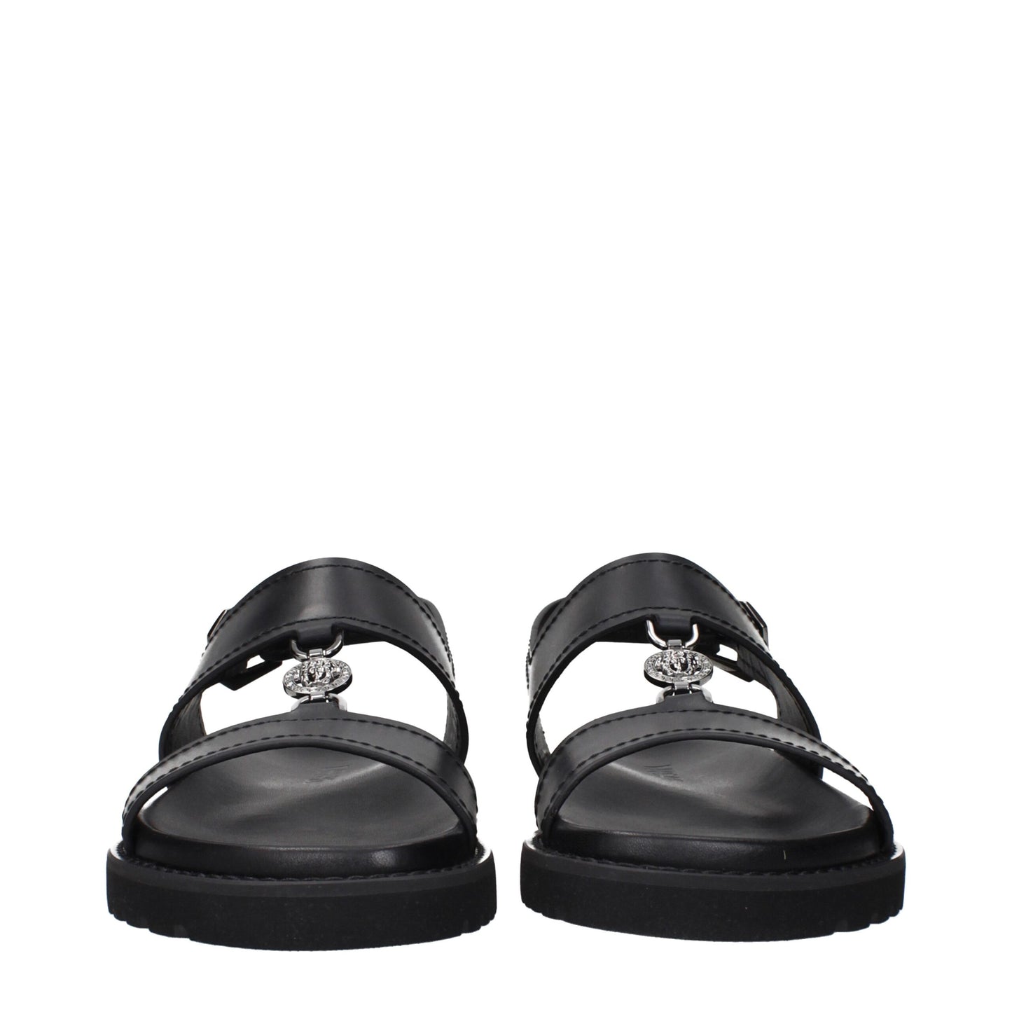 Versace Black Leather Flat Sandals - Bold Elegance for Every Occasion