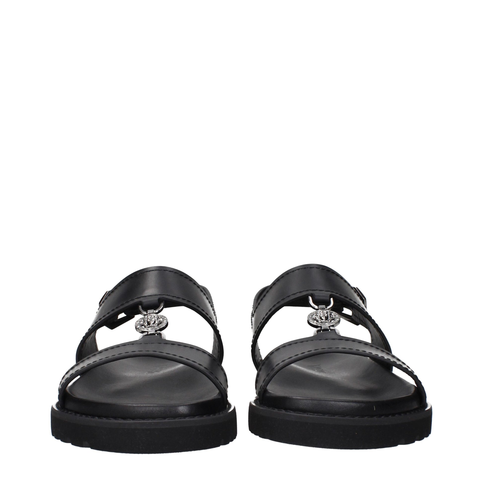 Versace Black Leather Flat Sandals - Bold Elegance for Every Occasion