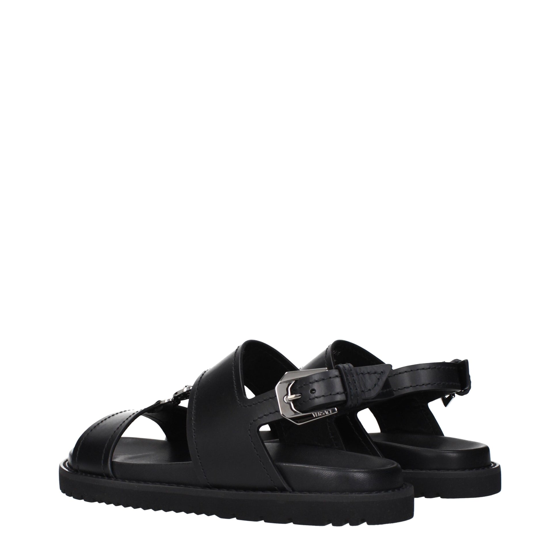 Versace Black Leather Flat Sandals - Bold Elegance for Every Occasion