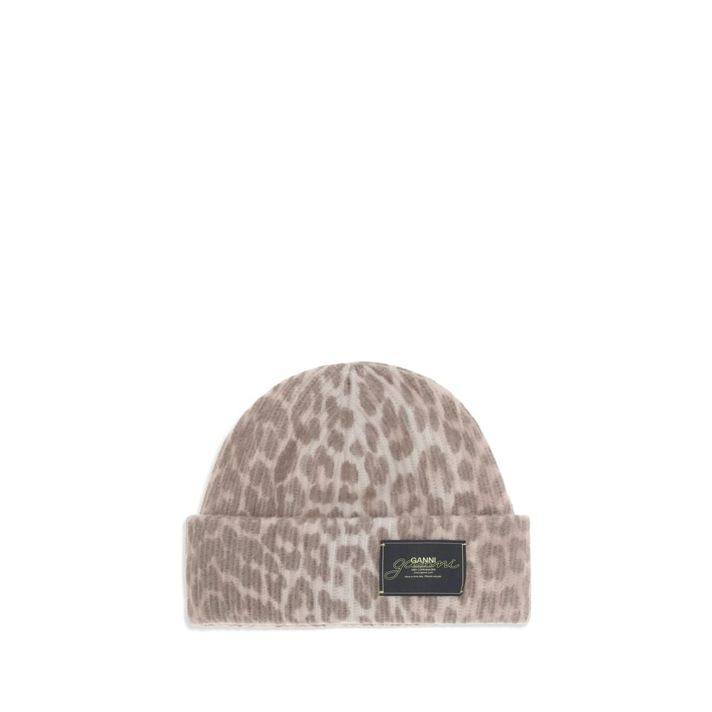 Ganni Beige Wool Beanie - Leopard Beanie Hat