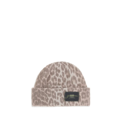Ganni Beige Wool Beanie - Leopard Beanie Hat