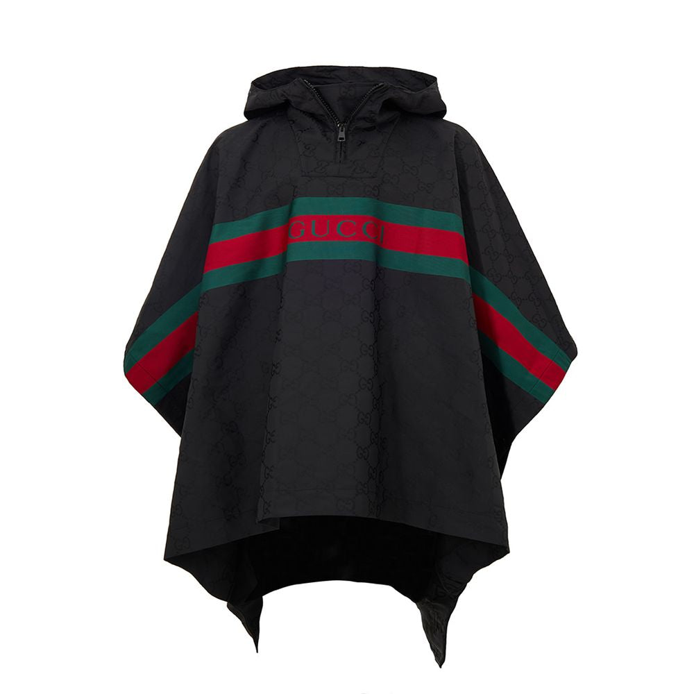 Gucci Black Hooded Cape with Web Logo and GG Monogram Print