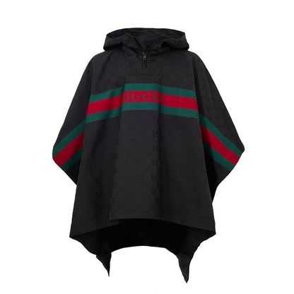 Gucci Black Hooded Cape with Web Logo and GG Monogram Print