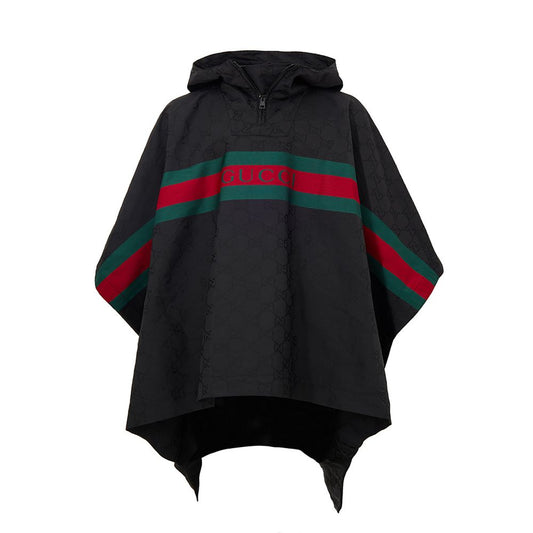 Gucci Black Hooded Cape with Web Logo and GG Monogram Print