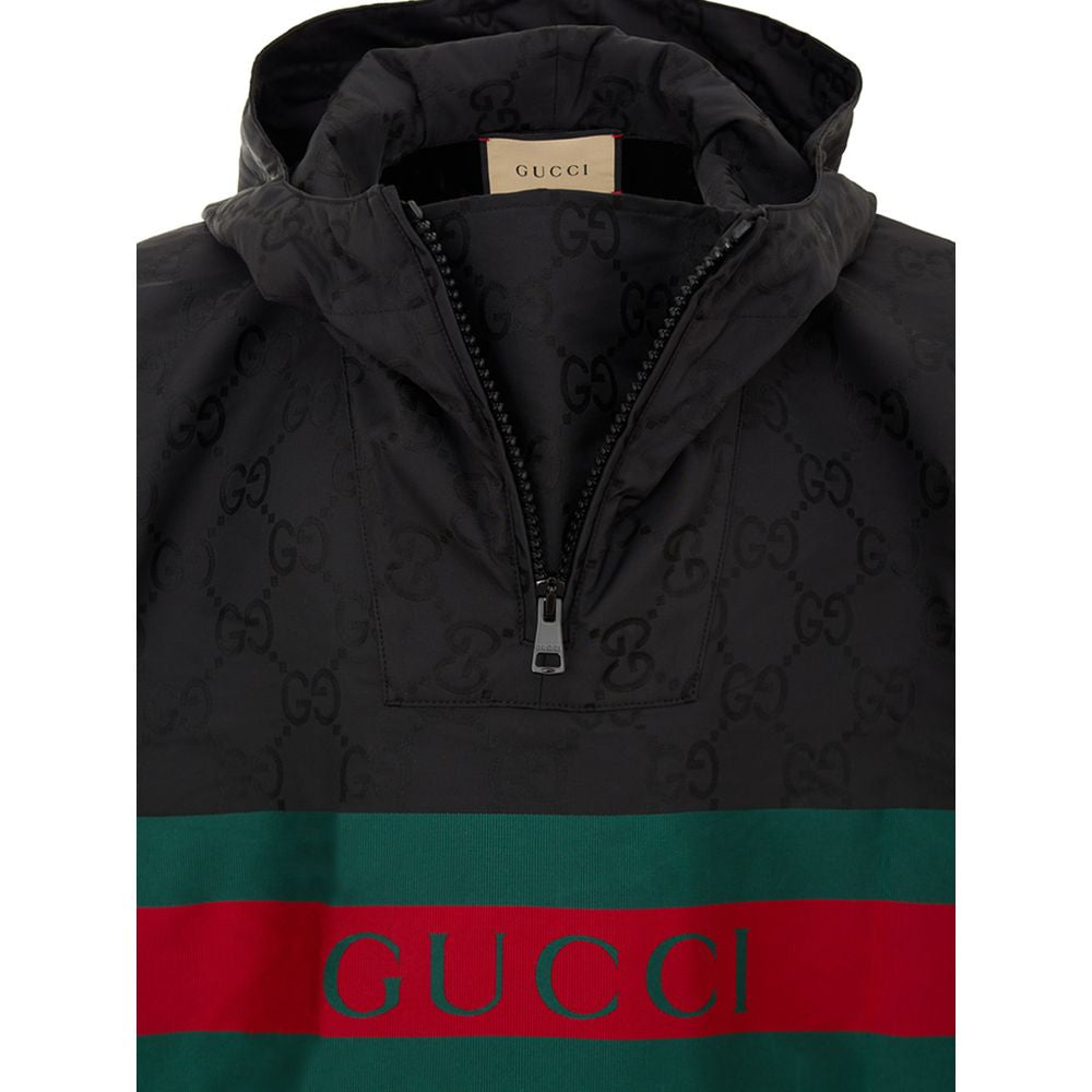 Gucci Black Hooded Cape with Web Logo and GG Monogram Print