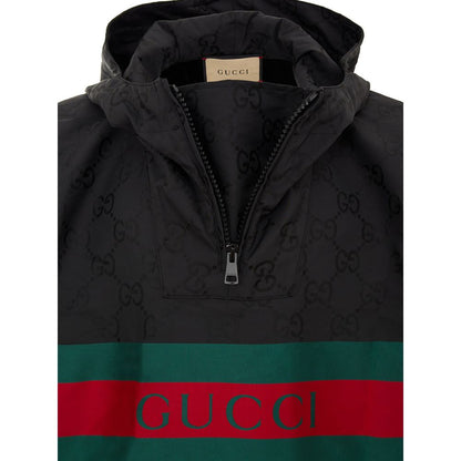 Gucci Black Hooded Cape with Web Logo and GG Monogram Print